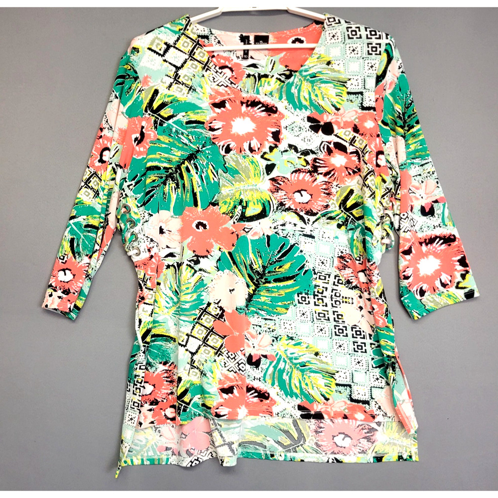 ND New Direction Floral Top Womens XL Bright Lace-Up Side High Low 3/4 Sleeves